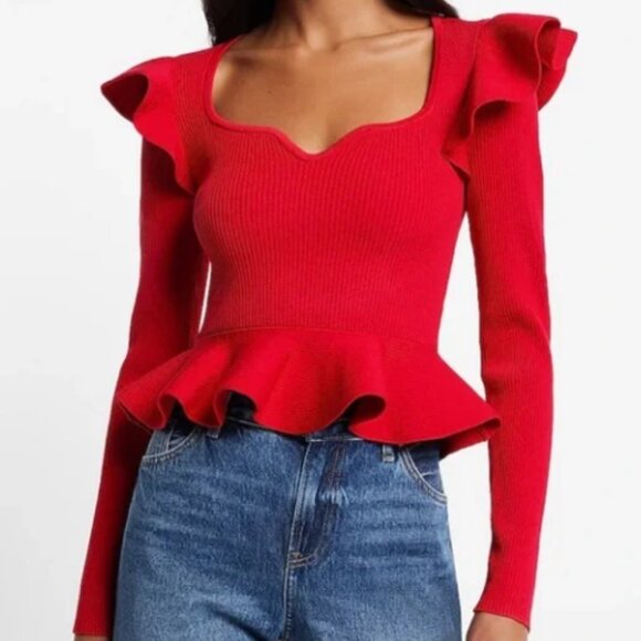 Express Ribbed Sweetheart Neckline Ruffle Peplum Sweater Size S - Picture 2 of 8
